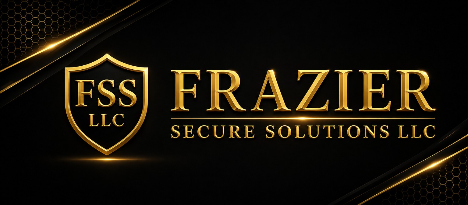 Frazier Secure Solutions LLC black and gold brand banner